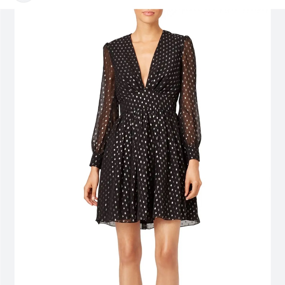 Jill Jill Stuart black long sleeved mini  deep v neck silver poka dot dress
